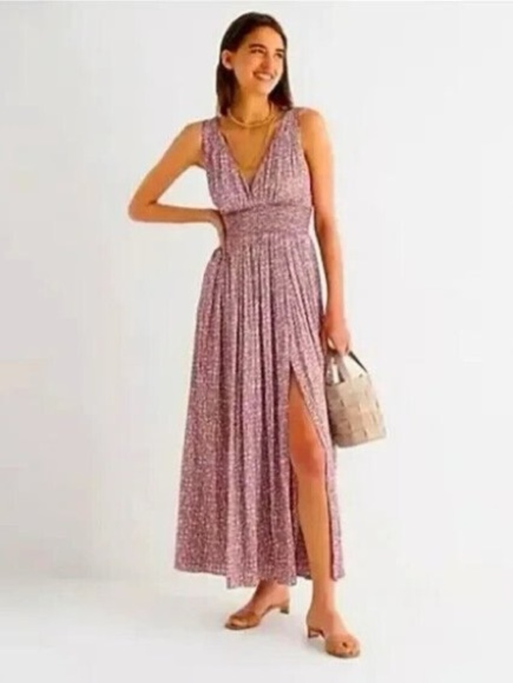 NWT J. Crew Re-Imagined V-Neck Sleeveless Floral Tieback Maxi Dress Wine Pink, 0